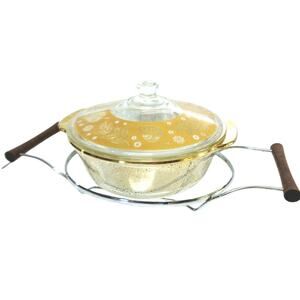 Fire King Covered Casserole Dish & Stand 2qt Mid-Century 22k Gold Leaf Glass Vtg